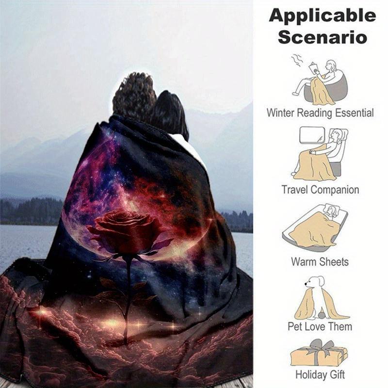 1pc Rose Universe Printing Lightweight Flannel Blanket, Comfortable and Warm Blanket, for Camping Sofa Bed and Couch Office, Gift