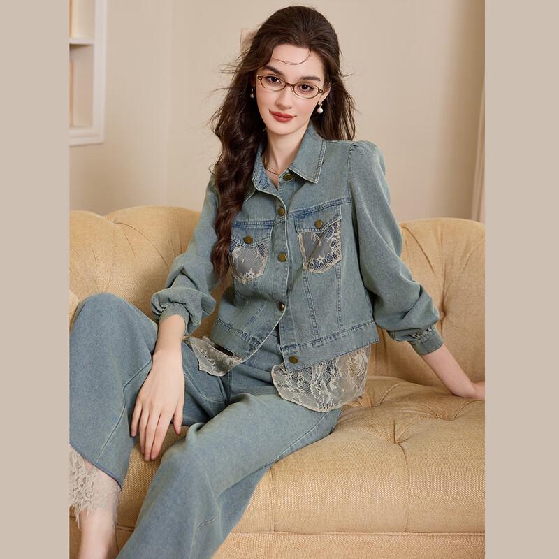 Retro Lace Trim Denim Two-Piece Set