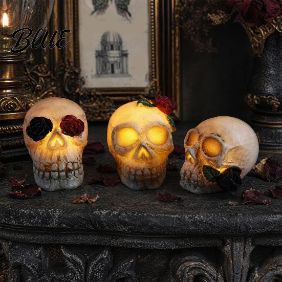 Halloween Ambient Light Gothic Up Skull Rose Flower Figurine Day of Dead Resin Lamp Statue Spooky Skeleton Head for Desk Home Decor