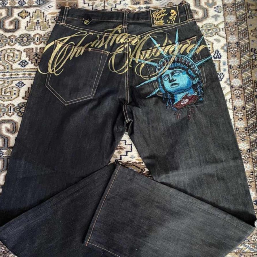 FlowStreet Y2k 2000s Statue of Liberty Diamonds Denim Pants Casual High Waist Straight Wide Leg Jeans Harajuku Vintage Pants