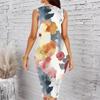 Women Plus Size Sleeveless Round Neck Midi Bodycon Dress Black Base Autumn Leaf Print Slim Fitted Dress