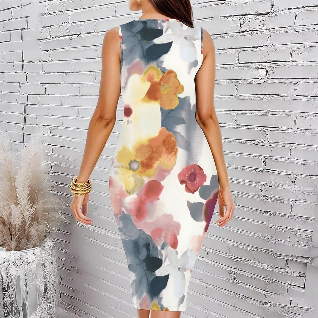 Women Plus Size Sleeveless Round Neck Midi Bodycon Dress Black Base Autumn Leaf Print Slim Fitted Dress