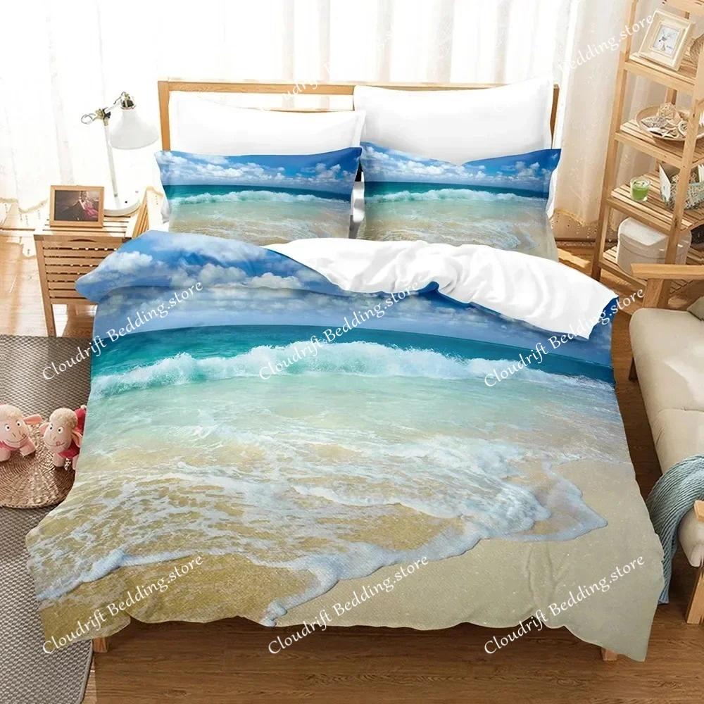 3D Landscape Duvet Cover King Full Size Summer Palm Trees Beach Sea Waves Ocean Theme for Kids Girl Boys Polyester Bedding Set