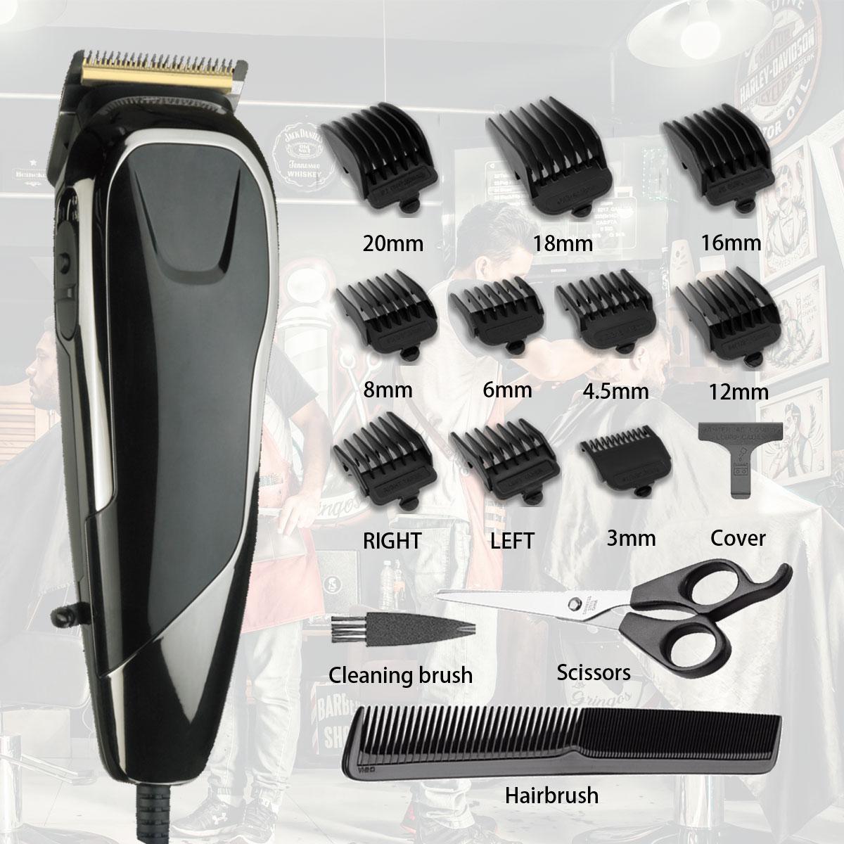 

Набор для стрижки волос дома с проводной машинкой, регулируемым рычагом конуса, расческами, ножницами и 10 пронумерованными насадками для легкой стрижки и тримминга чёрный