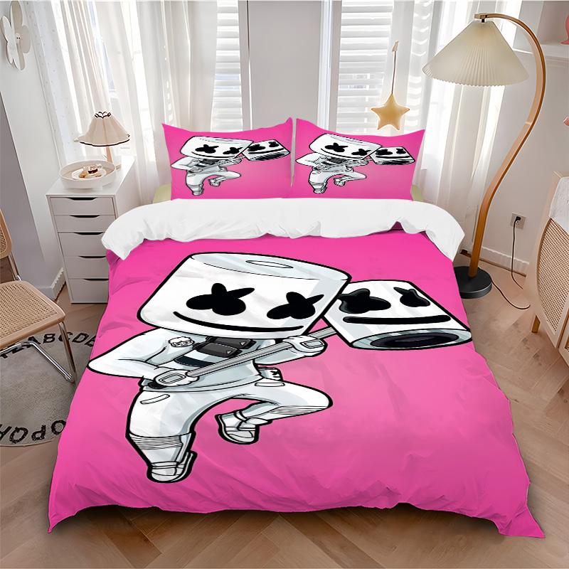 Marshmello Dj Cartoon Illustration Print 3Pcs Bedding Set,Duvet Cover with 2 Bedro,Pillowcase Home Birthday Gift