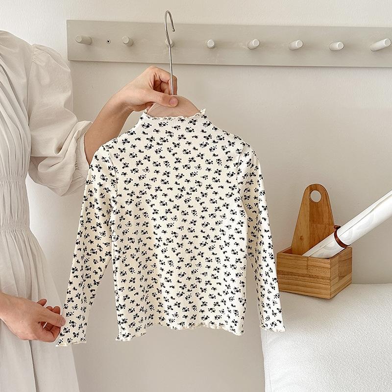 Children Girls Long-sleeved T-shirts Autumn Dot Print Infant Babys Girl Tops Turtleneck Bow Flower Toddler Kids Girls Undershirt