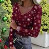 Women's Winter Slim-Fit Base Layer T-Shirt Fashionable Christmas Print V-Neck Pullover Long-Sleeved Top