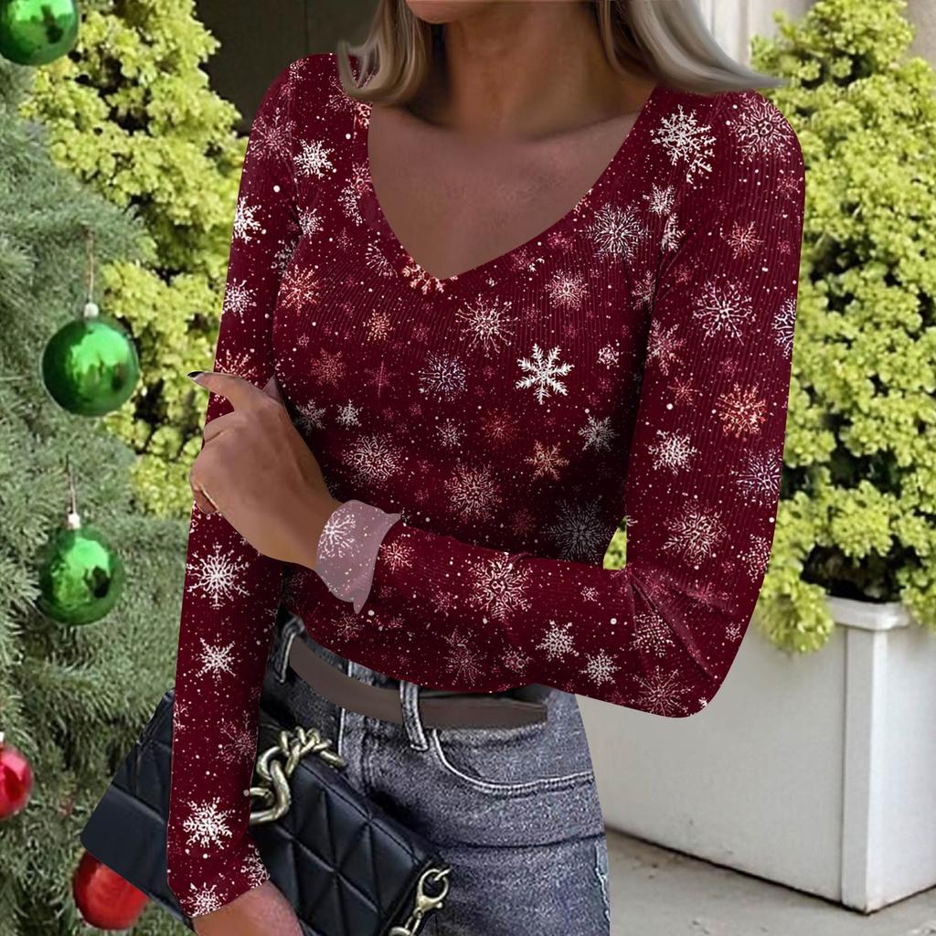 Women's Winter Slim-Fit Base Layer T-Shirt Fashionable Christmas Print V-Neck Pullover Long-Sleeved Top