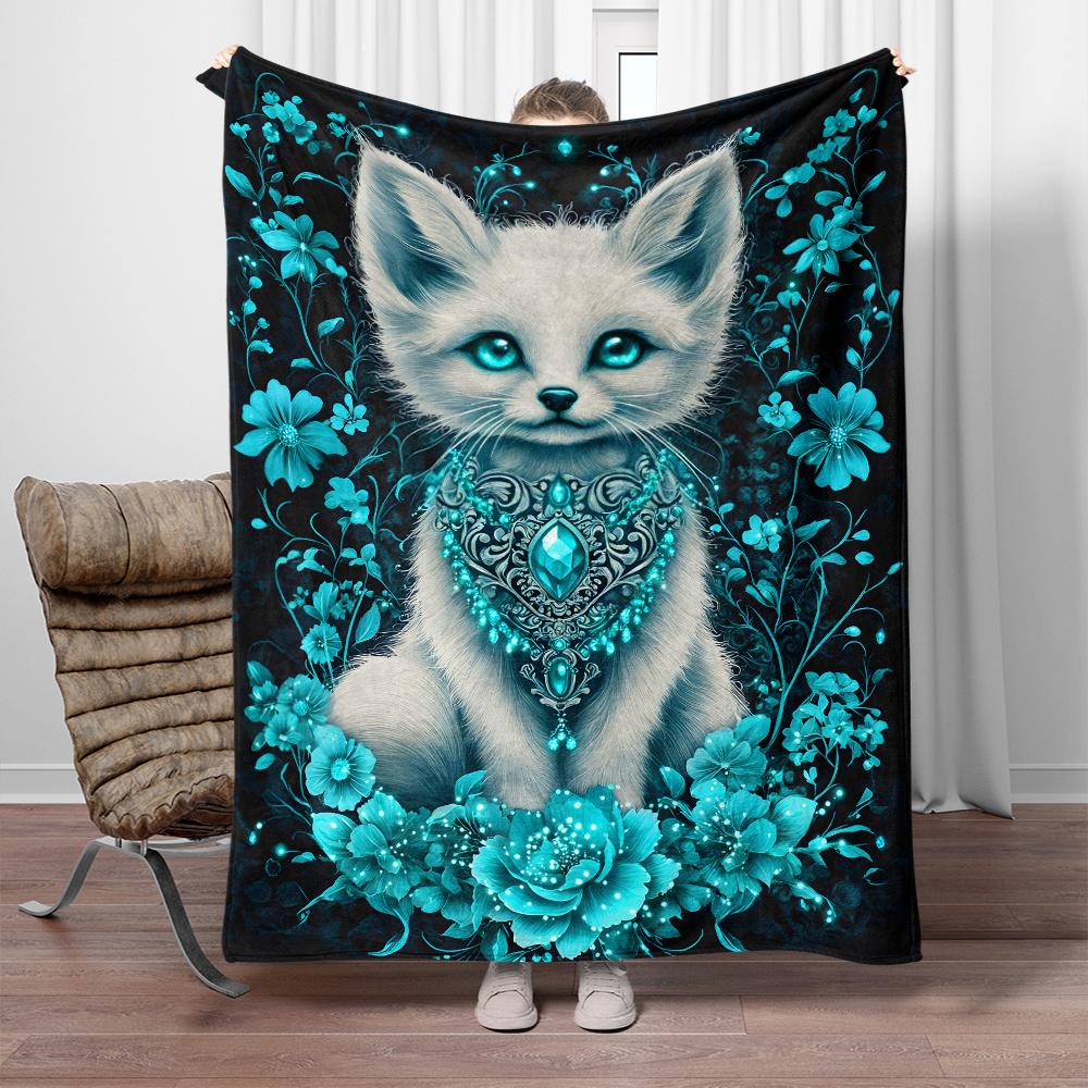 Mystic Blue Fox Floral Flannel Blanket Soft Cozy Throw Bedding Animal Art Decor Home Gift for Women Fantasy Lover