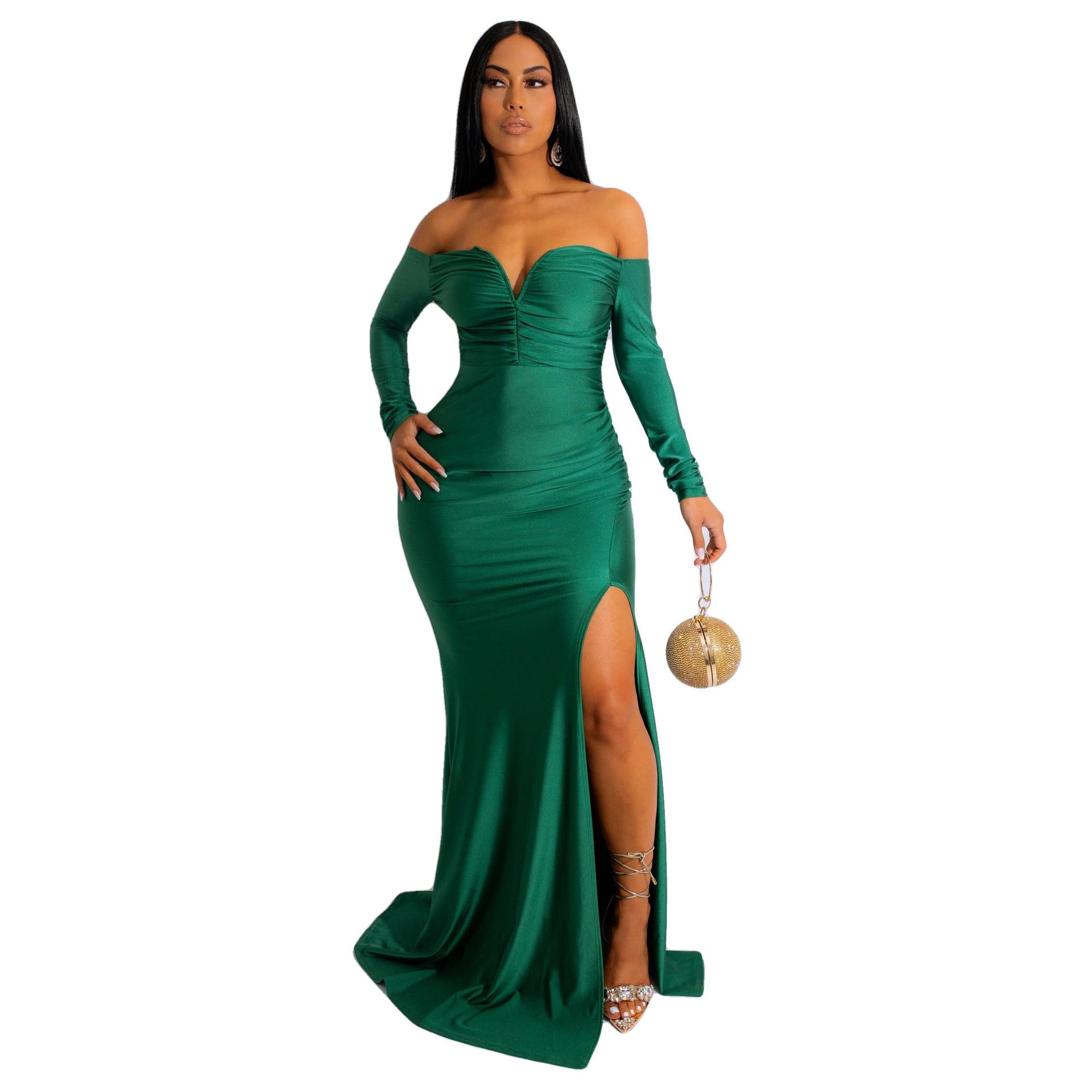

AL228 European & American Women s Silk Long Sleeve Floor-Length Dress S зелений