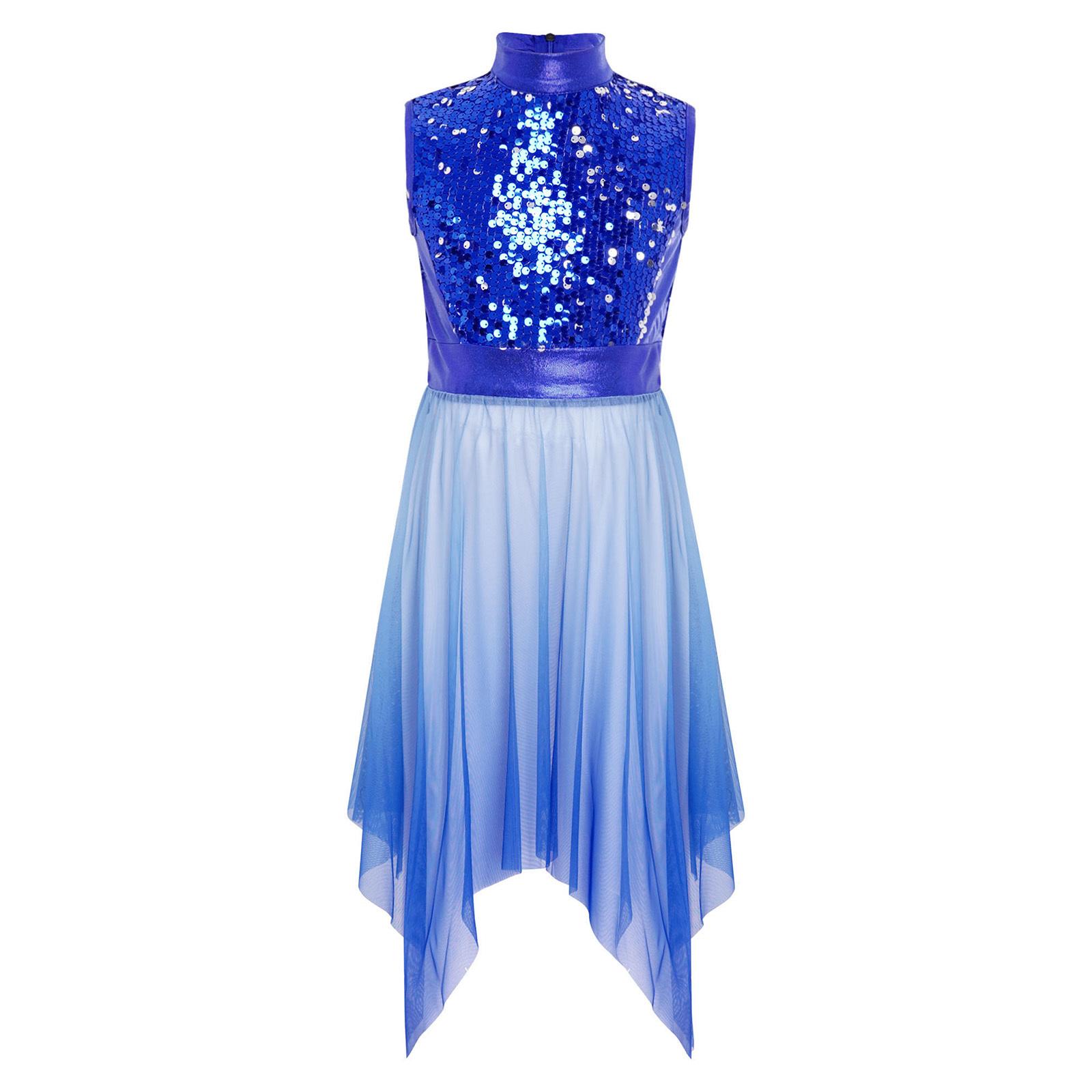 

Girls Worship Praise Dance Tunic Dresses Mock Neck Sleeveless Asymmetrical Hem Shiny Sequins Bodice Dress Contemporary Dancewear 5-6 Years синій