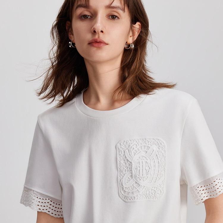ELLE Loose-Fit Niche Top French High-End Feel Regular Shoulder Round Neck Short Sleeve T-Shirt Women tops White ET47510