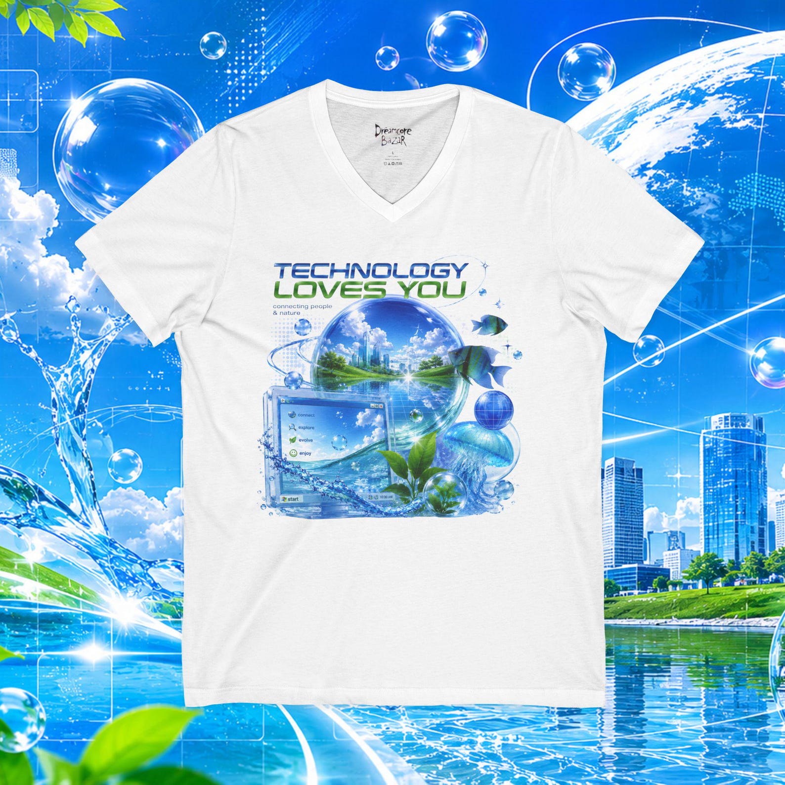 Frutiger Aero! Technology Loves You V-Neck Tee | Futuristic Tech Nature Graphic S