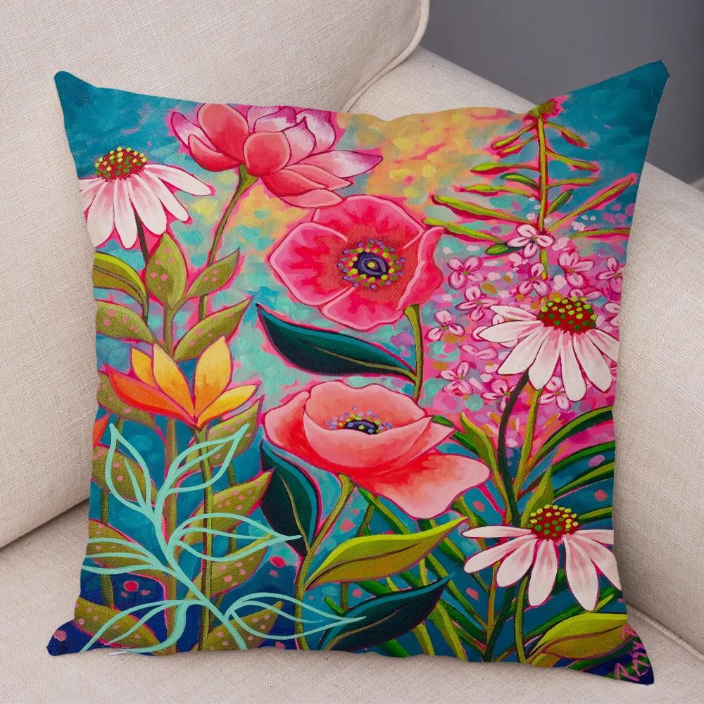 Nordic Watercolor Flower Pillowcase Soft Plush Decor Cartoon Floral Plant Cushion Cover for Sofa Home Children Room Pillow Case