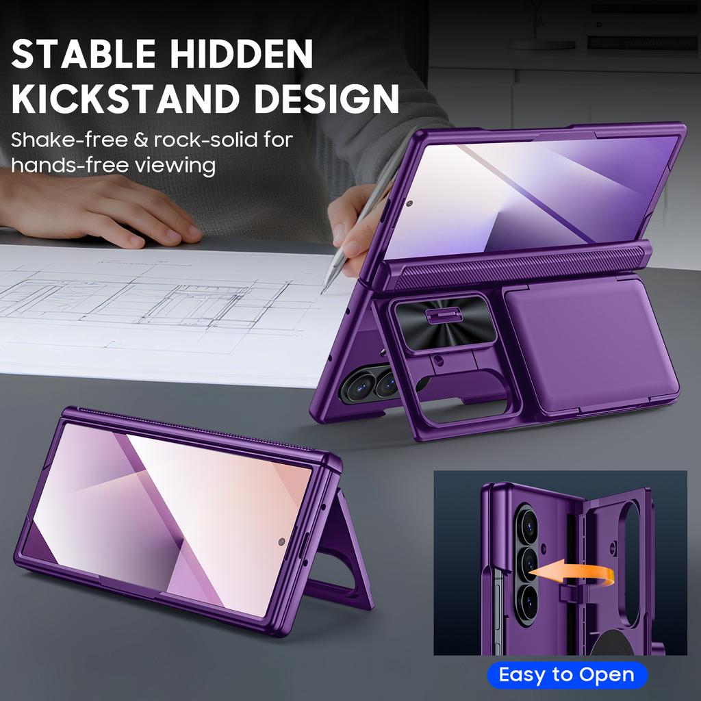 Samsung Galaxy Z Fold 7 Protective Case with RFID Wallet Holder Kickstand and Full Coverage Protection-Purple