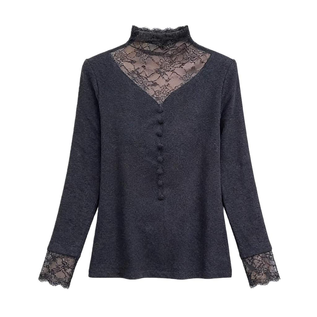 Chic Lace Mesh High Neck Long Sleeve Tummy-Concealing Top for Women
