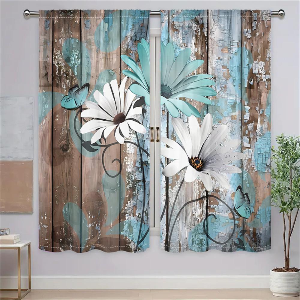 2Pcs Vintage Wooden Floral Curtains Mint Green White Daisy Butterfly Living Room Bedroom Window Decor Curtains Country Sty