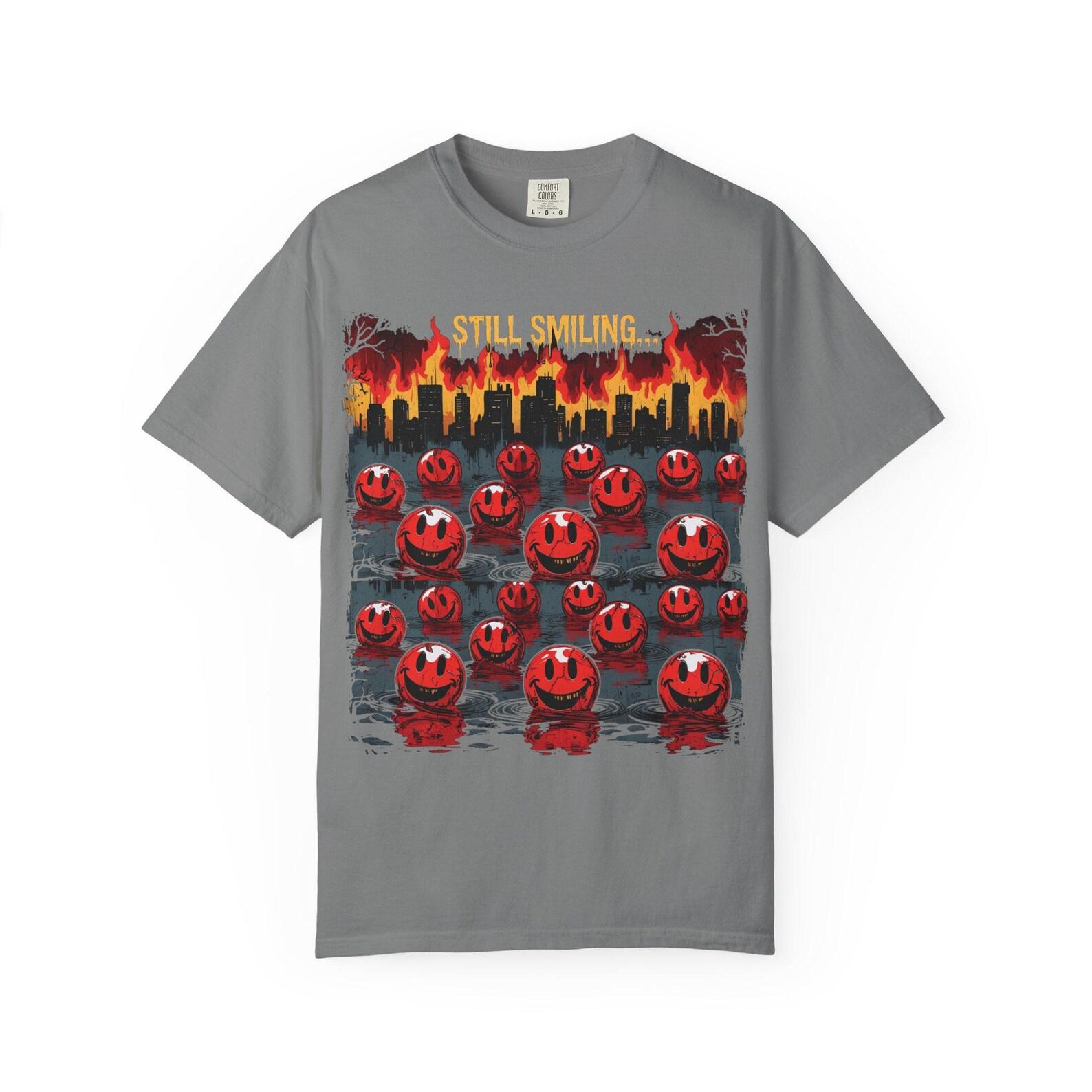 Melting Smiley Face Horror Tee, Dripping Red Grunge Tee, Creepy Urban Streetwear, Still Smiling Graphic Shirt L