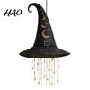 Outdoor Festive Hanging Stars Light Up Witch Hat Lamp, Glowing Halloween Ornament with Twinkling Magical Atmosphere Prop Moon, Indoor Porch
