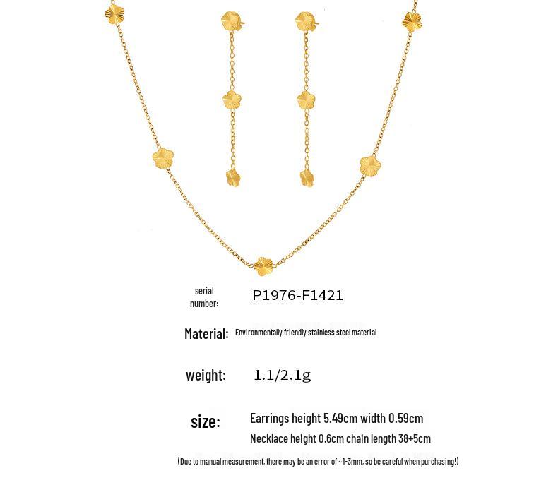 Qiong Yao Vintage Floral Necklace & Earring Set - Gold-Plated Stainless Steel, Colorfast Clavicle Chain, Versatile Style, In Stock
