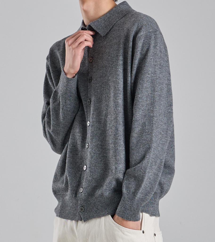 Button Seoul Wool Blend Collared Knit Cardigan (Gray)