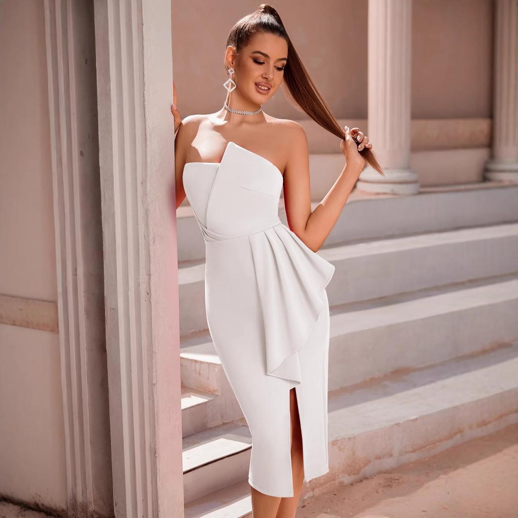 European and American Waist Show Figure Fashion Dress Independent Station Oblique Neck Split Ruffle Edge Irregular Dress