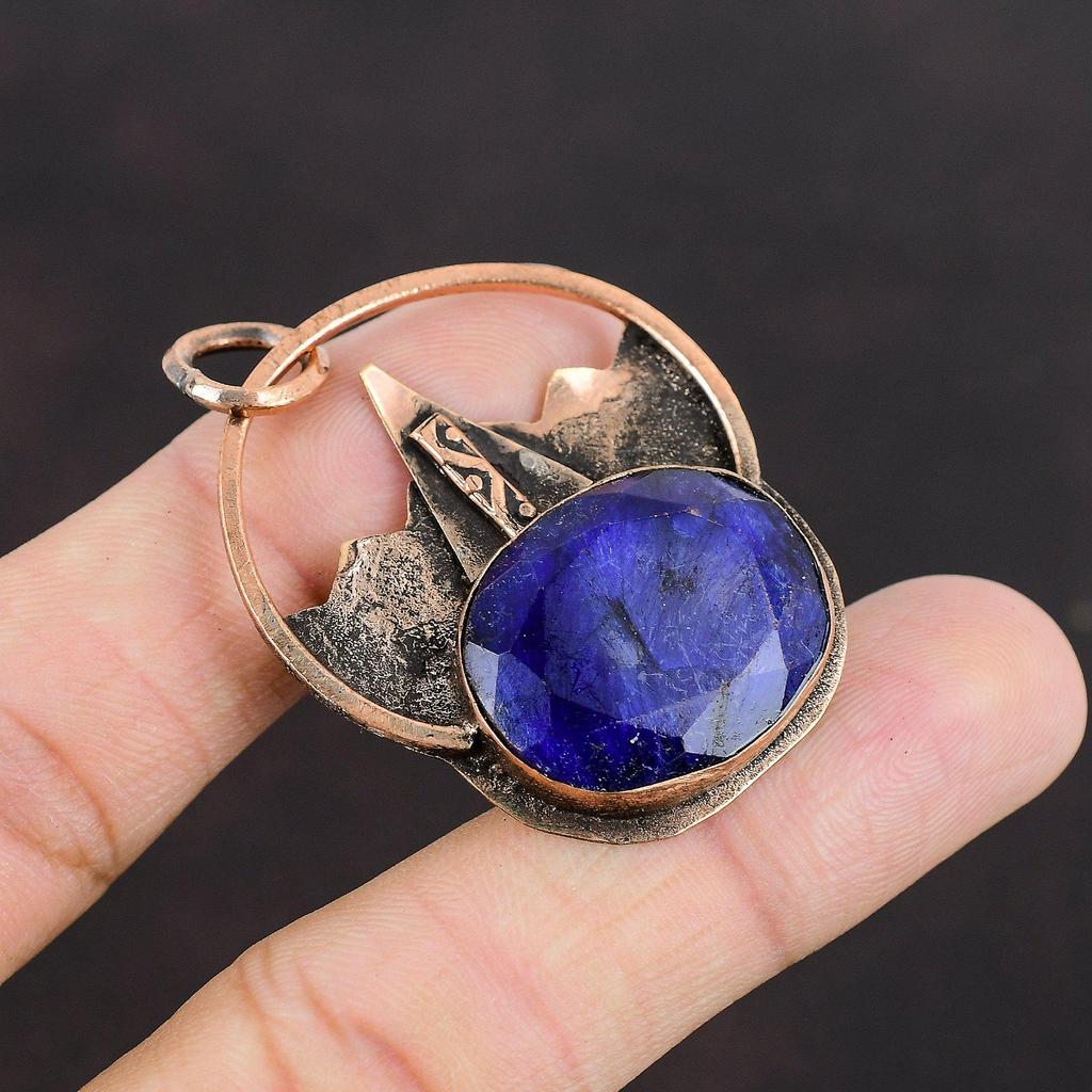 Faceted Blue Sapphire Pendant Copper Pendant Original Gemstone Pendant Antique Copper Jewelry Handmade Elegant Pendant Designer Jewelry Gift
