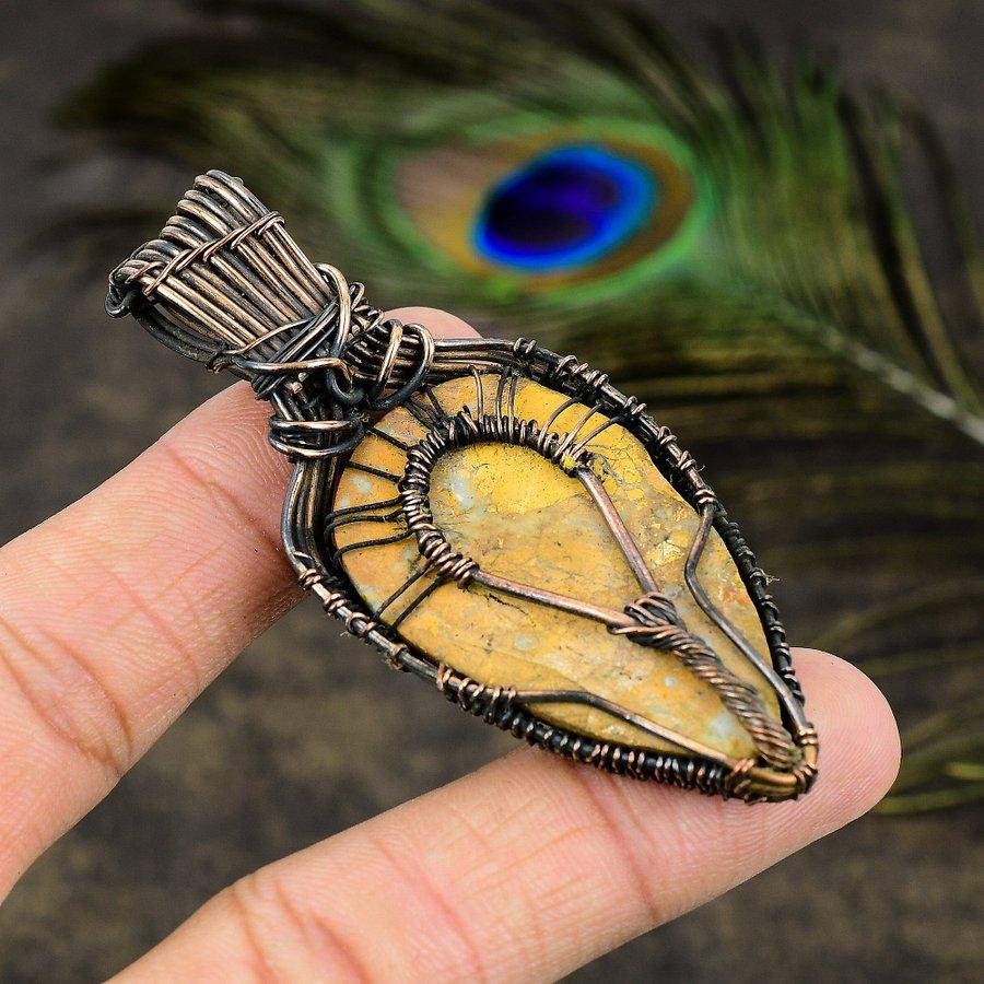 Malinga Jasper, Moonstone Gemstone Copper Wire Wrap Jewelry Pendant 2.88"