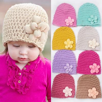Winter Baby Knitted Wool Hat with Floral Design - Multi-Color