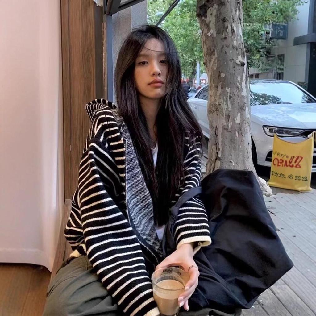 2025 Women's Hooded Color Block Striped Cardigan Sweater - Soft, Fluffy, Oversized Knitwear for Autumn/Winter