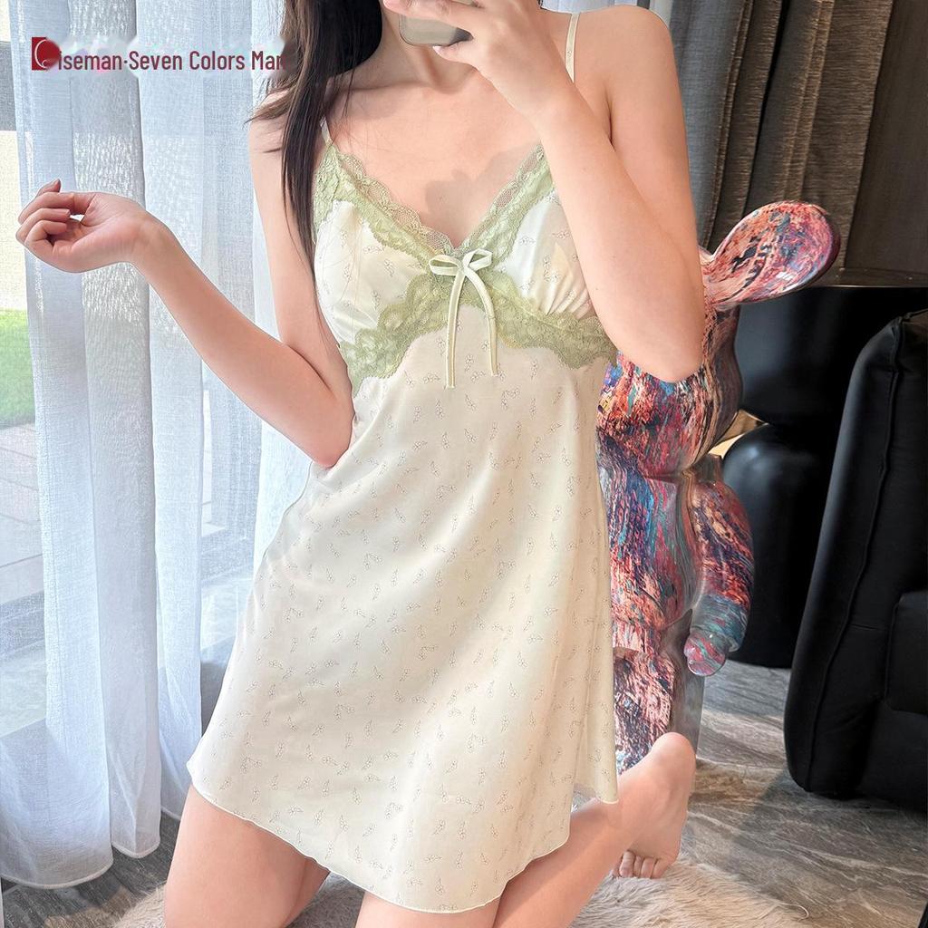 2024 Pure Desire Lace Suspender Nightdress with Chest Pads - Women's Floral Ice Silk Summer Dress for Pajamas or Outerwear