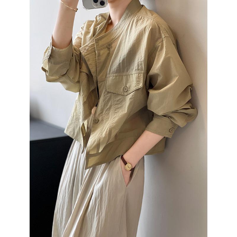 Women's Stand-up Collar Single-breasted Sunbrella Shirt Jacket Cardigan Tops