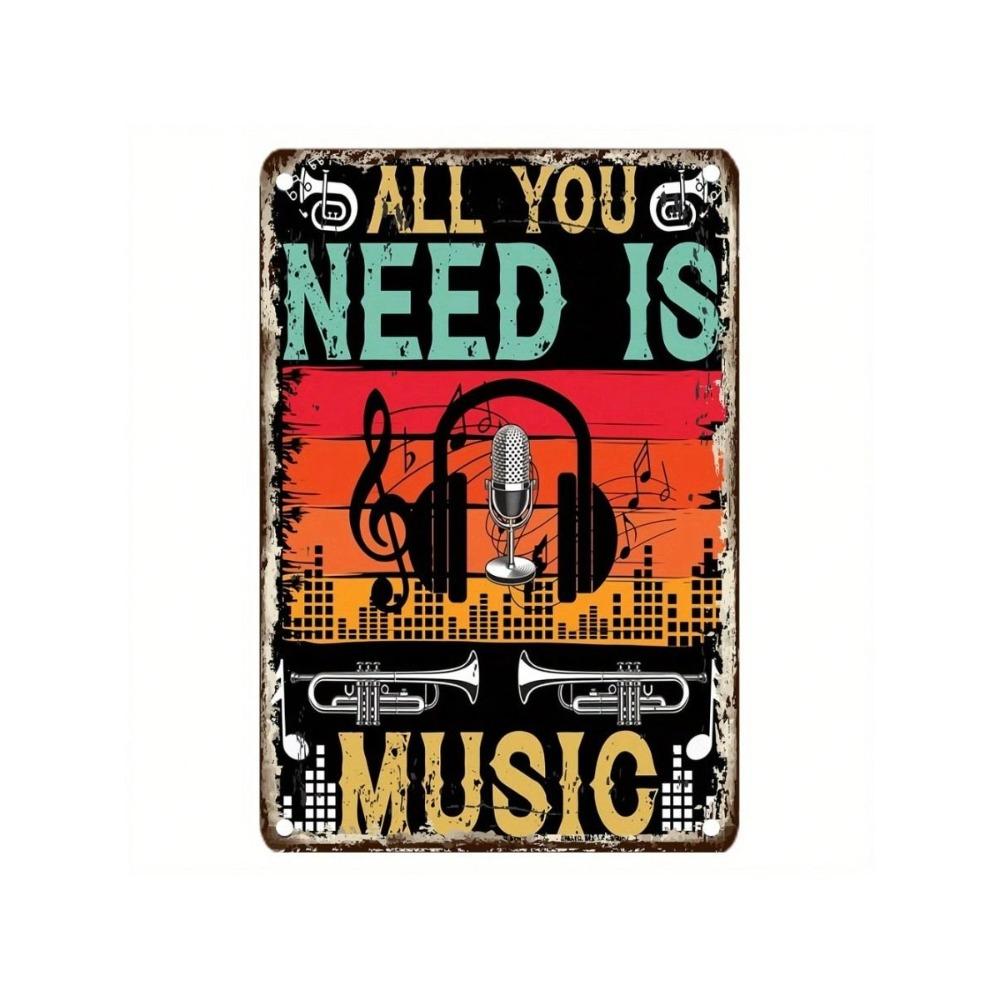 All You Need Is Music Metal Poster Retro Microphone Headphones Wall Art Sign Decor