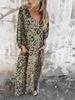 Rochie Maxi cu Mâneci Lungi, Gât în V, Croială Largă, Imprimeu Leopard, Buzunare, Culori și Modele Multiple