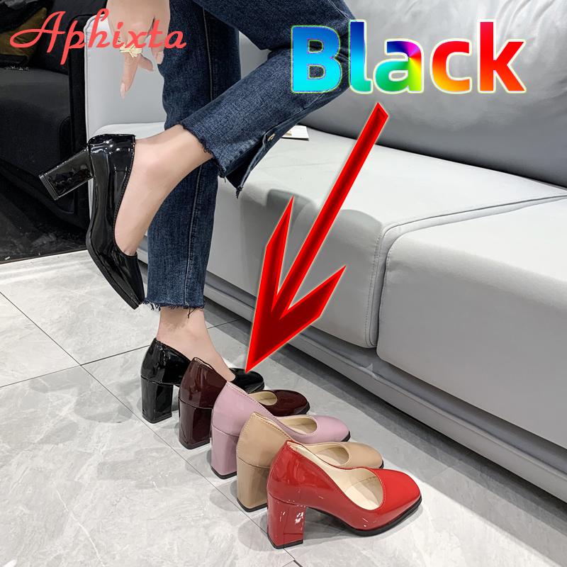 Fashion Aphixta 7.5cm Square Tou Patent Leather Shoes Women Pumps Thick Heels Sapato Feminino Work Party Shoes Super Big Plus Size 50