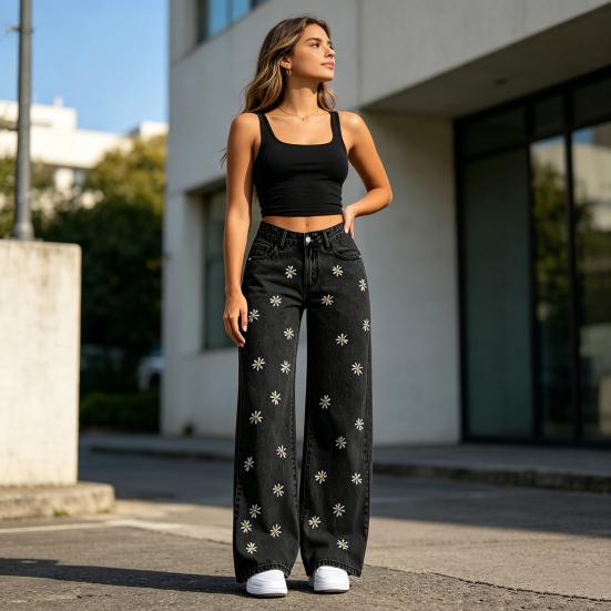 Girl's Bow Cherry Print Baggy Jeans, Wide Leg Mid Waisted Denim Pants, Zipper Fly Elastic Casual Jeans Streetwear with Pockets
