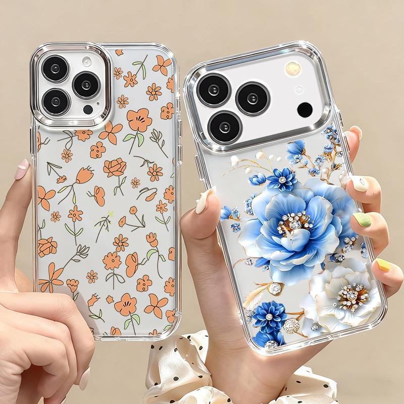Little Floral Pattern Case For iPhone 17 Pro Max iPhone 16 15 14 13 Pro Max 11 17e 16e Plating Lens Frame Clear Soft Silicone Back Cover