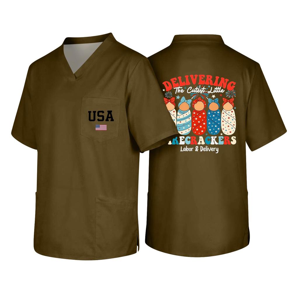 Men's Short Sleeve V Neck Work Shirt Nurse Uniform Top with Pocket USA Print Casual Fit Medical Scrub Tee for Healthcare Professionals