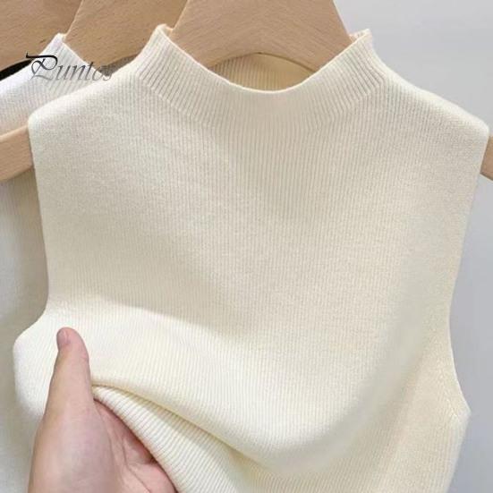 Dámské pletené vestové topy Slim Fit Polovysoký límec Bez rukávů Jednobarevná elastická pletená halenka Denní nošení