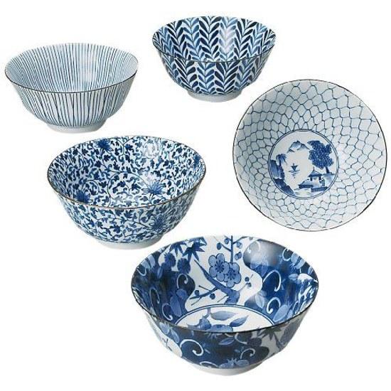 Nishikai Toki Multi-purpose Bowl Blue Pattern Variation Gift Box Included Made Japan Diameter 15.5 cm Set 5 31303