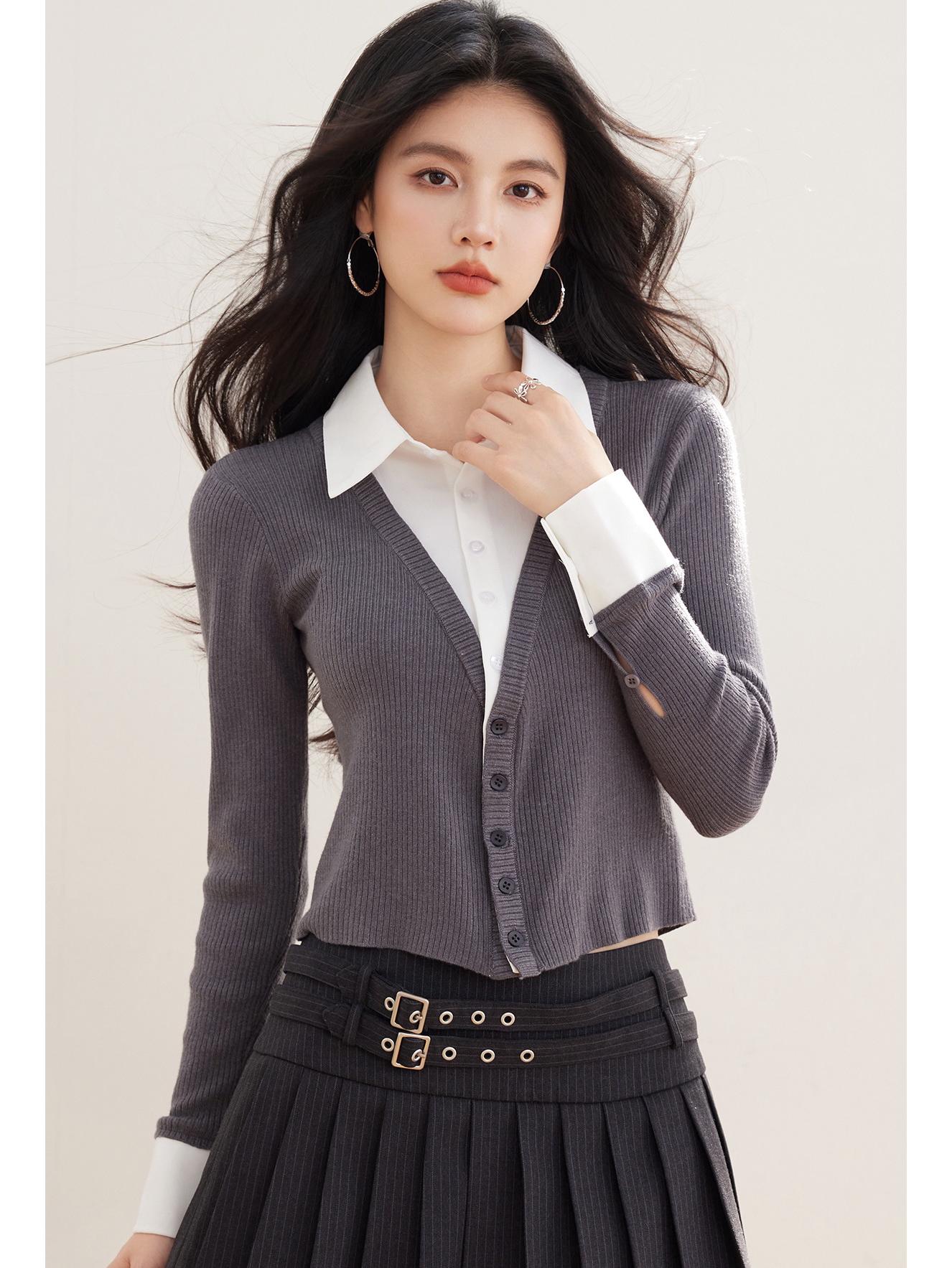 

American Retro Faux Two-Piece Shirt Collar Knit Cardigan for Women 2025 S