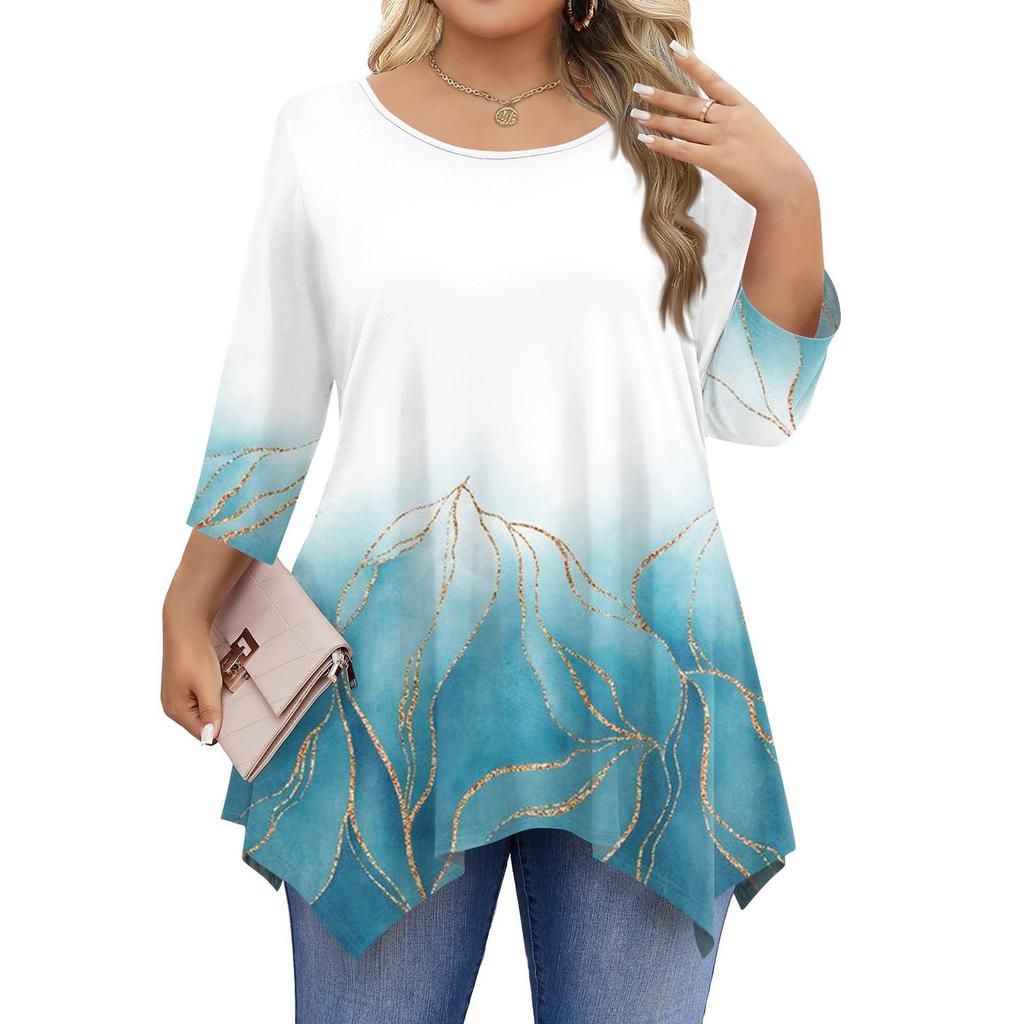 Womens Plus Size 3/4 Sleeve Shirts  Round Neck Tunic Tops Basic Loose Fit Tee Tops L-5XL