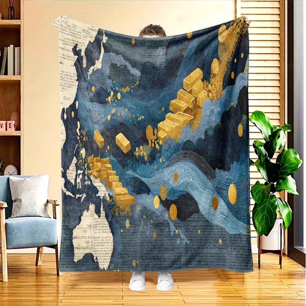 A Golden Coin And a Wave-Patterned Flannel Blanket, Featuring High-Definition Digital Printing, Suitable for All Seasons, a Sofa Throw, Made of 100% S