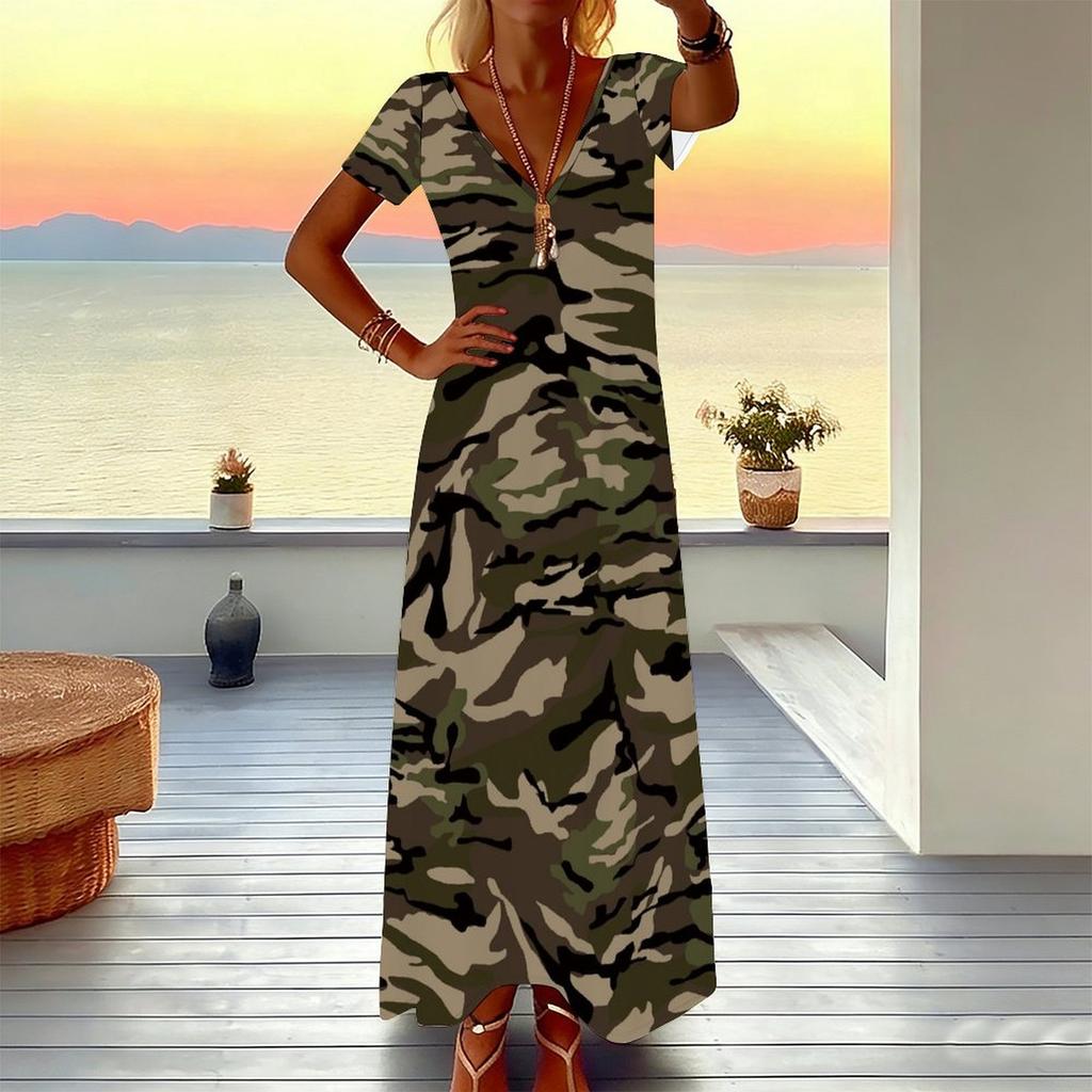 Rochie Maxi de Vară pentru Femei Mărimi Mari, cu Decolteu în V și Mânecă Scurtă, Imprimeu Chevron și Leopard Cusut, Croială Largă