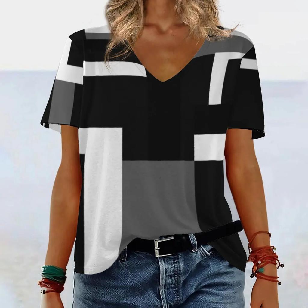 Women's Short Sleeved Fashionable T-shirt with Geometric 3D Printing, Women's V-neck Short Sleeved T-shirt