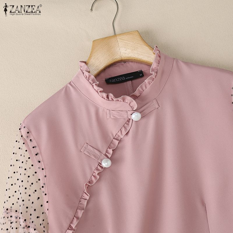 ZANZEA Damen durchsichtiges Netz-Patchwork 3/4-Ärmel Freizeitbluse