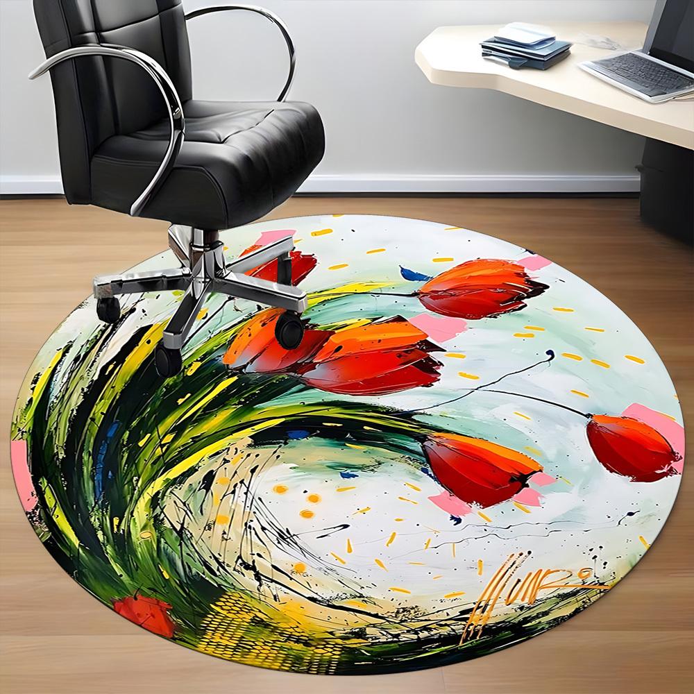 1PC Floral Abstract Office Round Area Rug, Mat Suitable For Office, Under Office Chairs Bedroom Living Room Home Decor, Room Deco