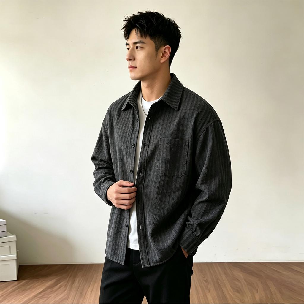 Men's Vintage Herringbone Shirt Jacket Striped Long Sleeve Collared Overshirt for Fall