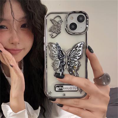 Luxury Fashion Electroplated Butterfly Stand Phone Case For iPhone 15 14 13 12 Pro Max Transparent Shockproof Cover