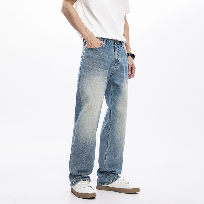 Elastic denim new American trendy brand men's jeans commuter high street loose straight American light-colored denim trousers